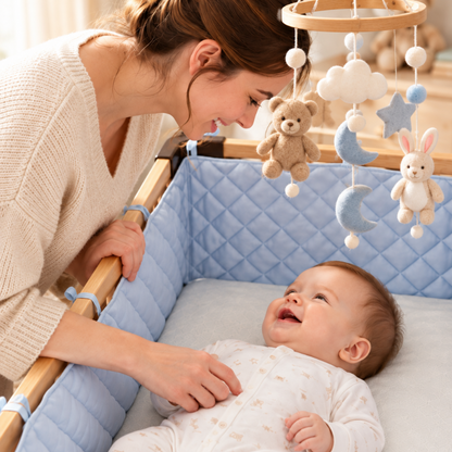 tour de lit respirant bleu, avec mobile et toutous Plan rapproché, maman et bébé, réducteur bleu, mobile et toutous