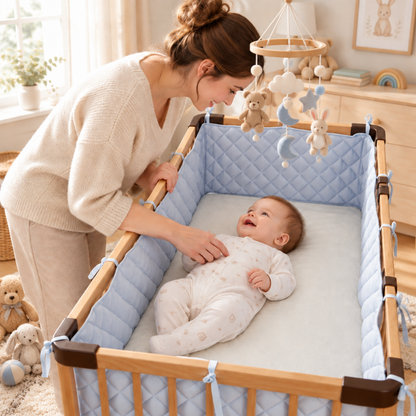 tour de lit respirant rose avec maman qui sourit Plan rapproché, Maman et bébé, réducteur bleu, avec mobile et toutous