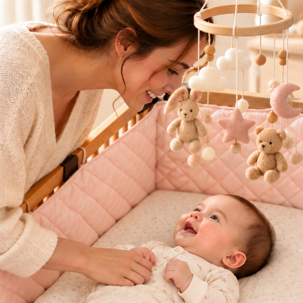 tour de lit respirant rose avec maman qui sourit Plan rapproché, maman et bébé, réducteur rose, mobile et toutous