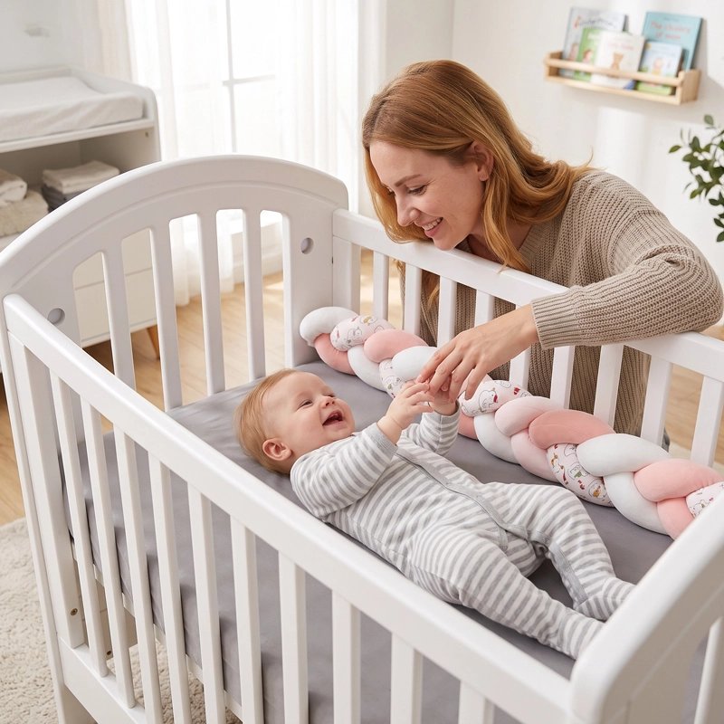 tresse de lit bébé qui sourit et tiens la main de sa maman 