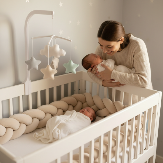 tresse de lit bébé
vert avec toutou peluche Variante maman bébé mobile ivoire
