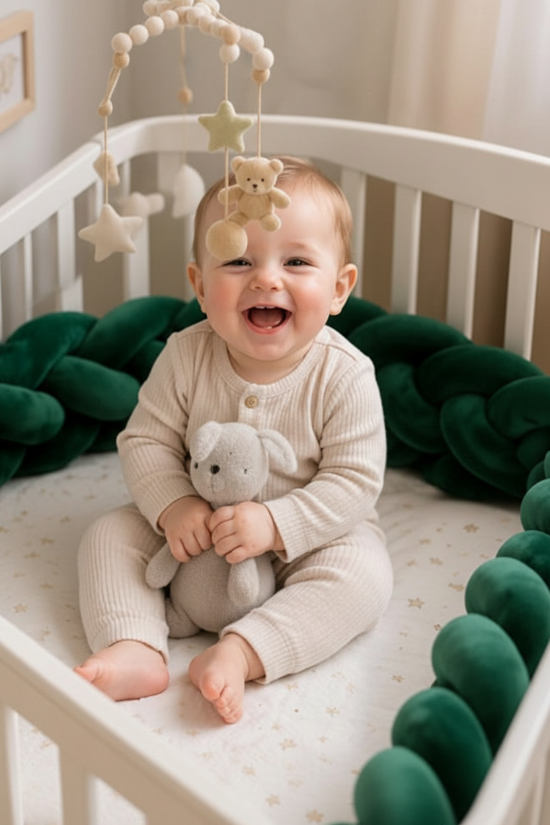 tresse de lit bébé
vert avec toutou peluche Variante portrait vertical bébé
