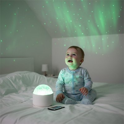 veilleuse bébé projection plafond et émerveillement du garcon  