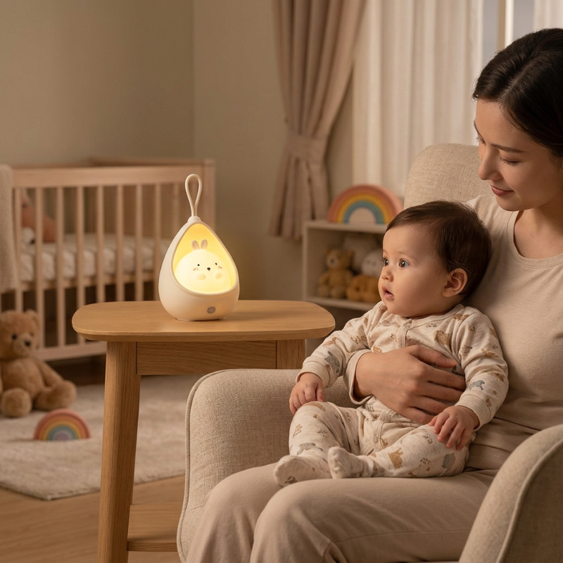 veilleuse bébé usb un Bébé dans les bras de sa maman regardant la veilleuse ivoire