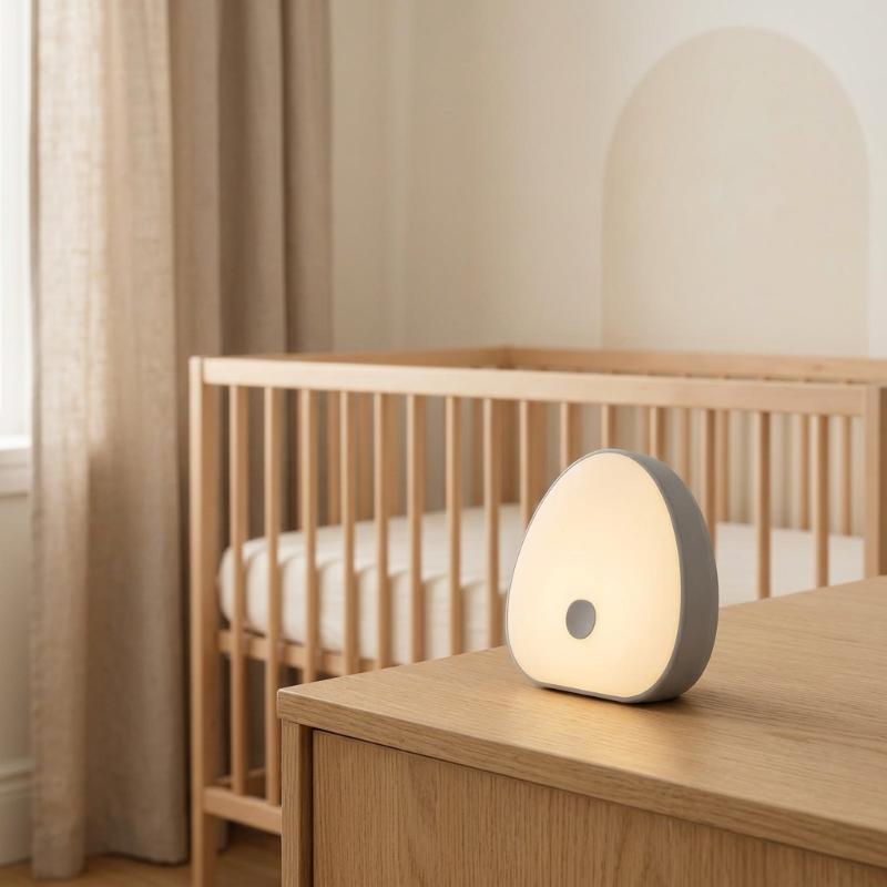 veilleuse bruit blanc bébé Veilleuse dans une chambre de bébé beige et bois naturel