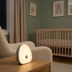 veilleuse bruit blanc bébé Veilleuse sur une commode près du fauteuil dans une chambre vert sauge