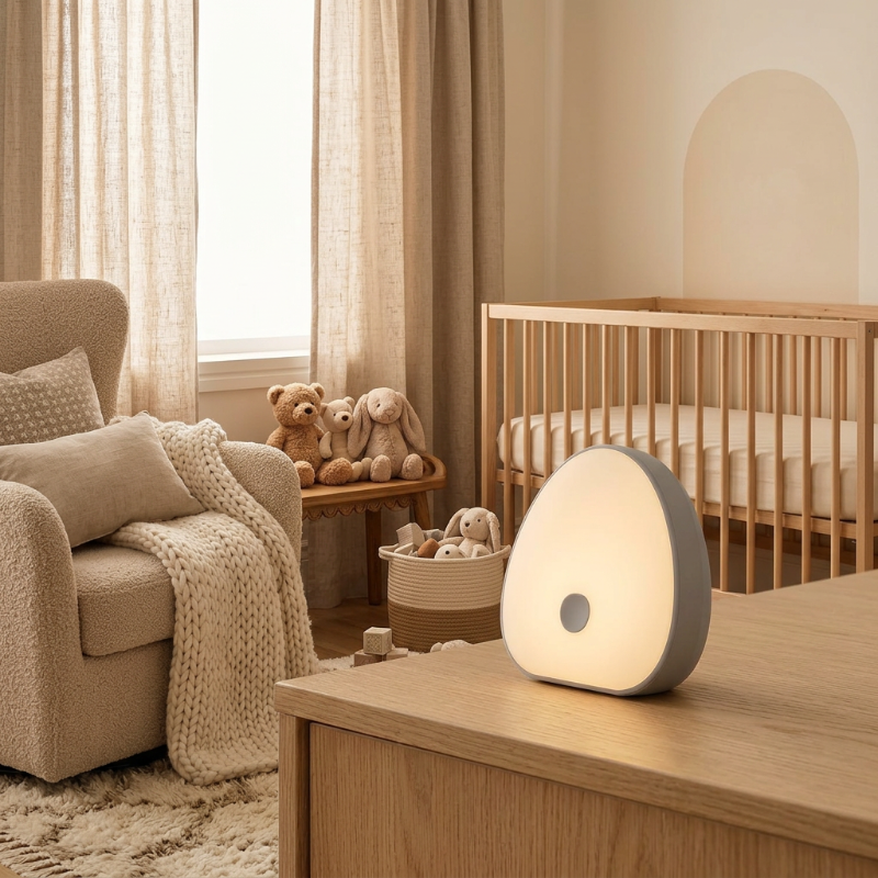 veilleuse bruit blanc bébé et Chambre cocooning beige avec peluches et veilleuse