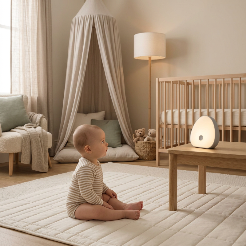veilleuse bruit blanc bébé petit Bébé assis admirant la veilleuse dans une chambre beige et sauge
