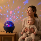 veilleuse enfant rechargeable Bébé avec maman près du projecteur étoilé