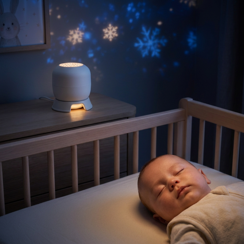 veilleuse enfant rechargeable Bébé endormi et projecteur blanc dans une ambiance nuit cosy