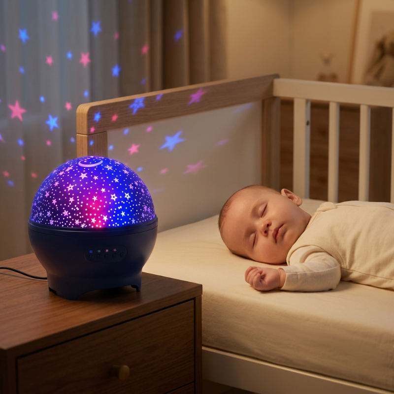 veilleuse enfant rechargeable
Bébé endormi près du projecteur dans une ambiance cosy