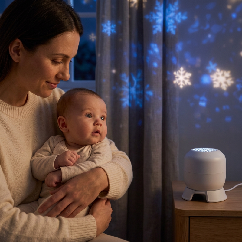 veilleuse enfant rechargeable Maman et bébé près du projecteur dans une chambre de nuit