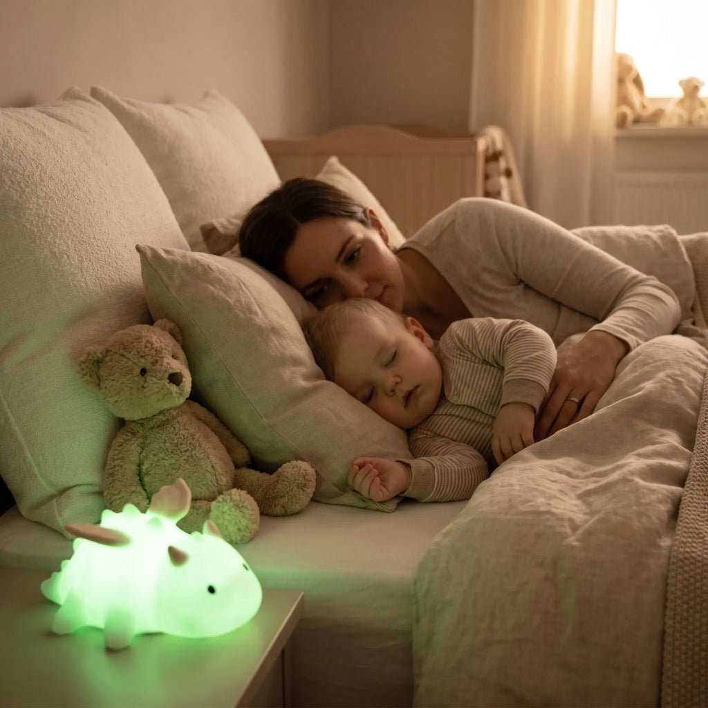 veilleuse pour bébé dragon maman qui dort  dragon vertt lumineux
