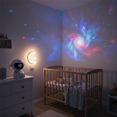 veilleuse projecteur bébé astronautes couleures 