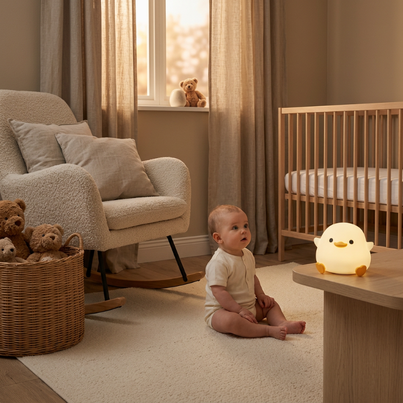 veilleuse sans fil rechargeable Bébé assis regardant la veilleuse canard dans une chambre beige