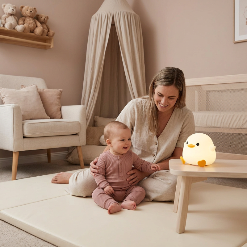 veilleuse sans fil rechargeable Maman assise avec bébé sur le tapis près de la veilleuse canard