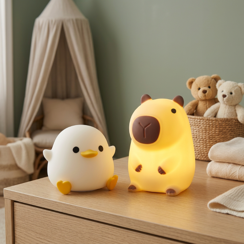 veilleuse sans fil rechargeable Veilleuses canard et capybara dans une chambre vert sauge