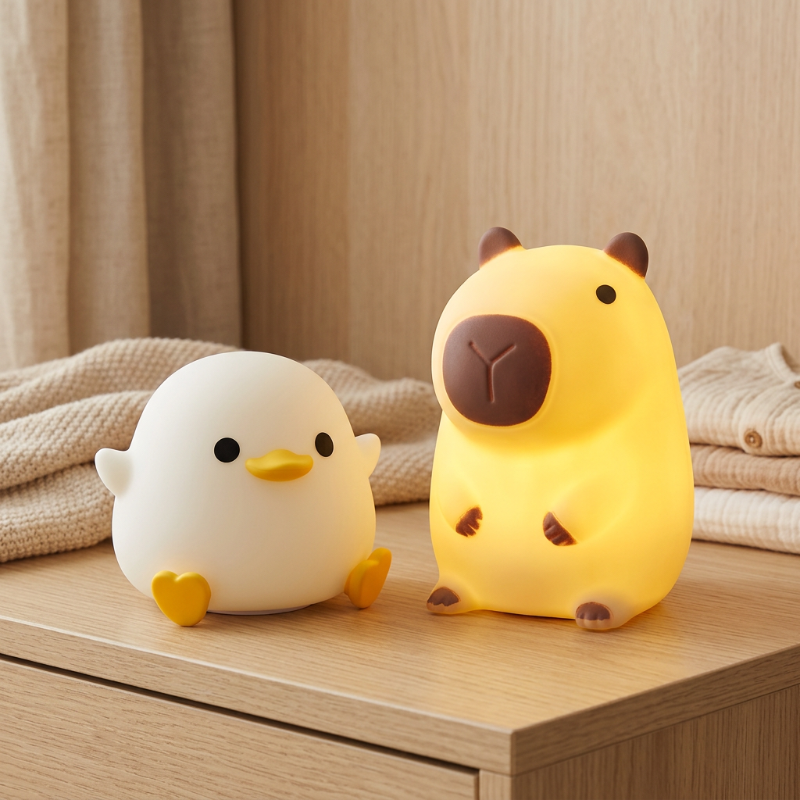 veilleuse sans fil rechargeable Veilleuses canard et capybara réunies dans une chambre douce