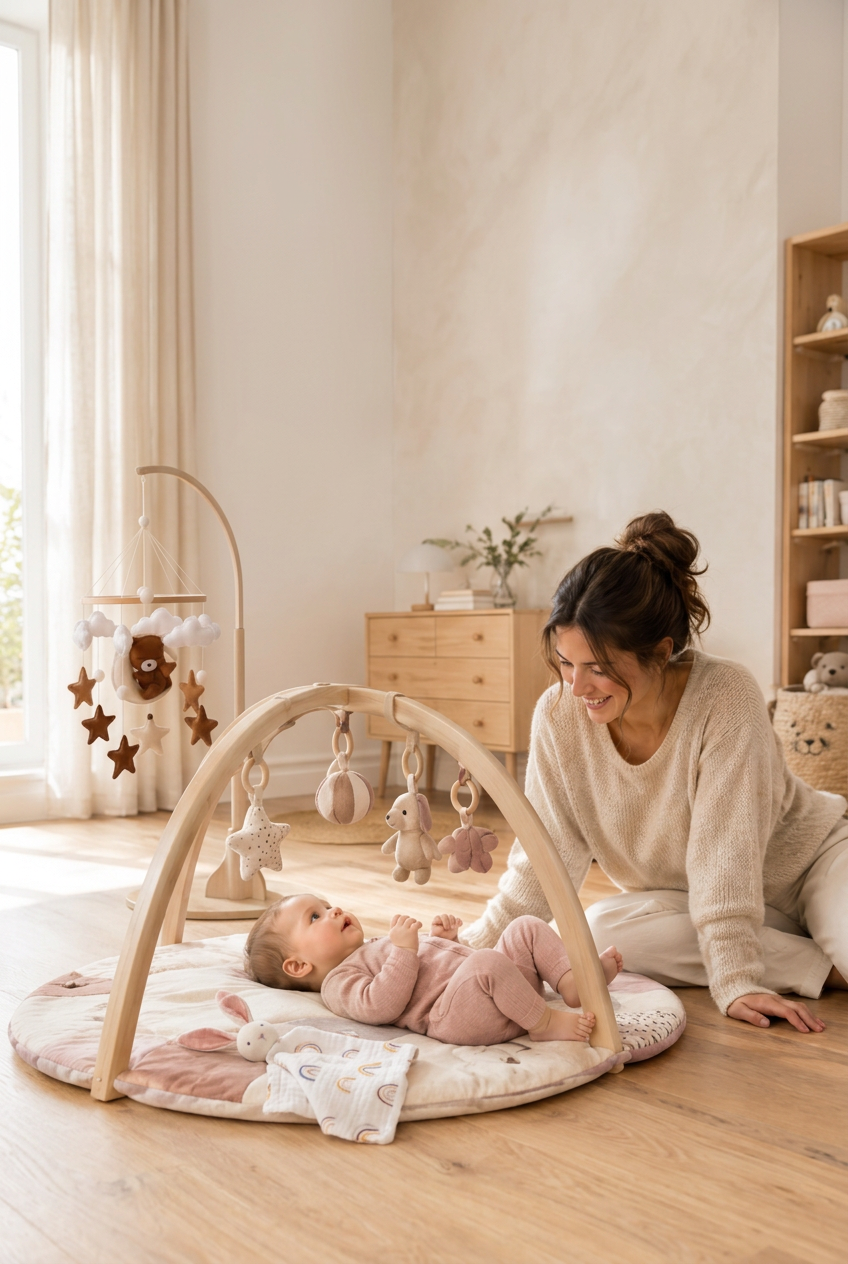 Version verticale de la chambre avec maman, bébé et accessoires