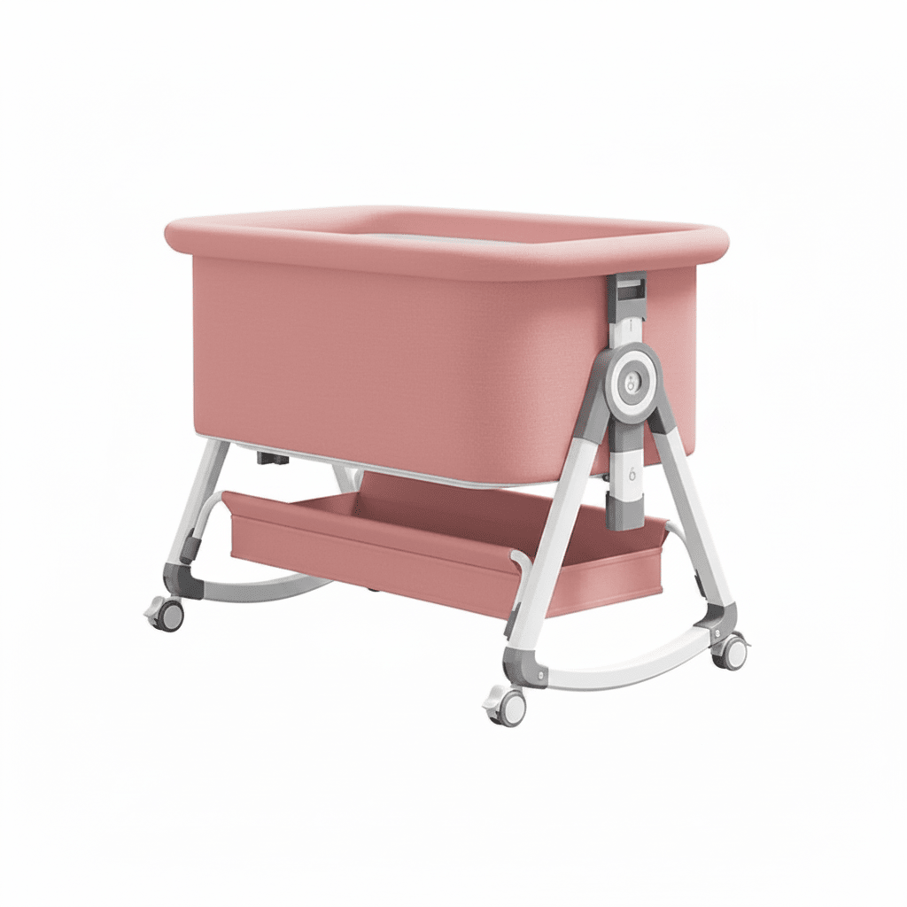 Cododo rose Berceau 3 en 1 Vue 3/4 arrière réglage hauteur berceau rose