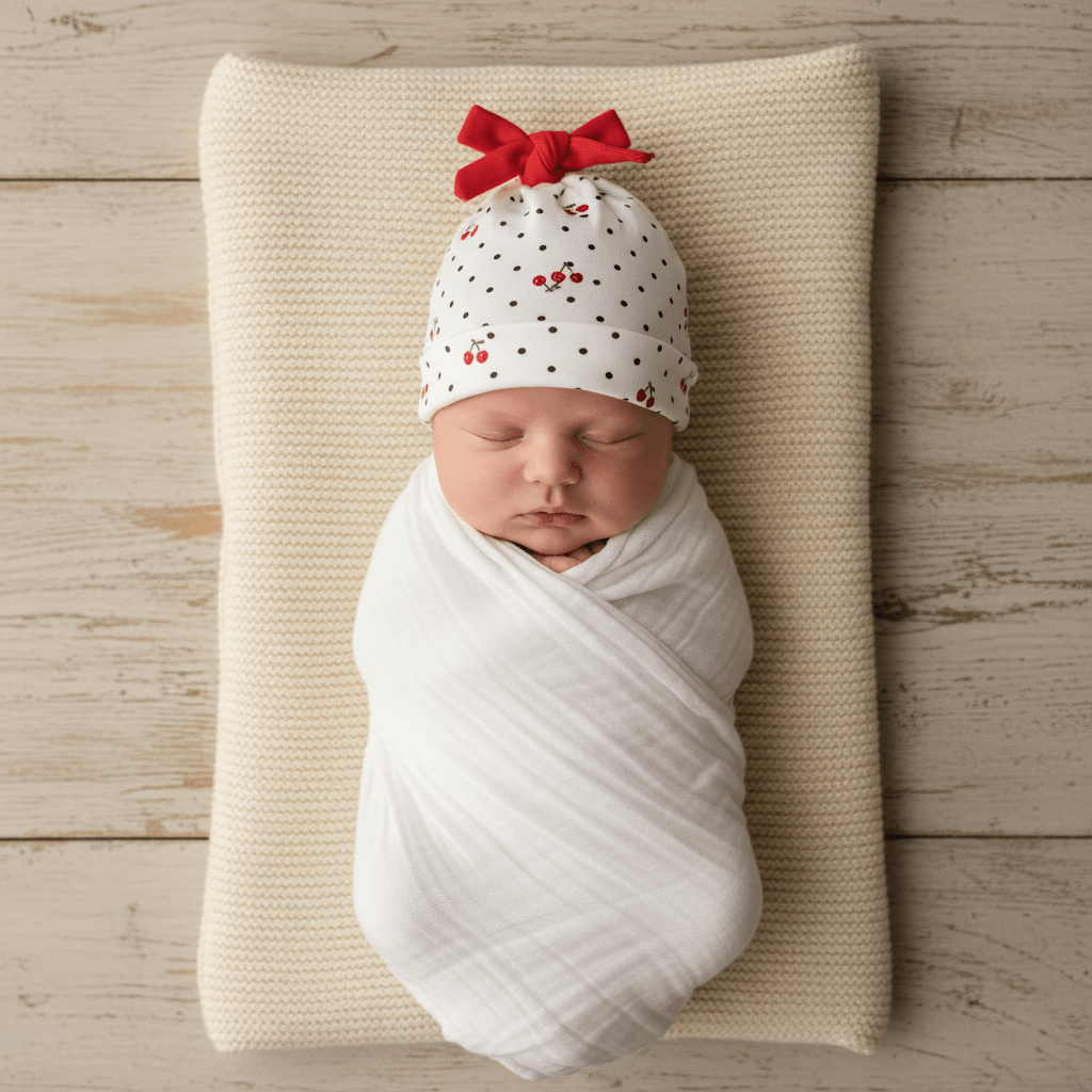 Bonnet bébé naissance et Vue dessus bébé endormi bonnet cerise
