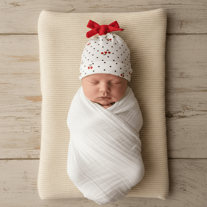 Bonnet bébé naissance et Vue dessus bébé endormi bonnet cerise