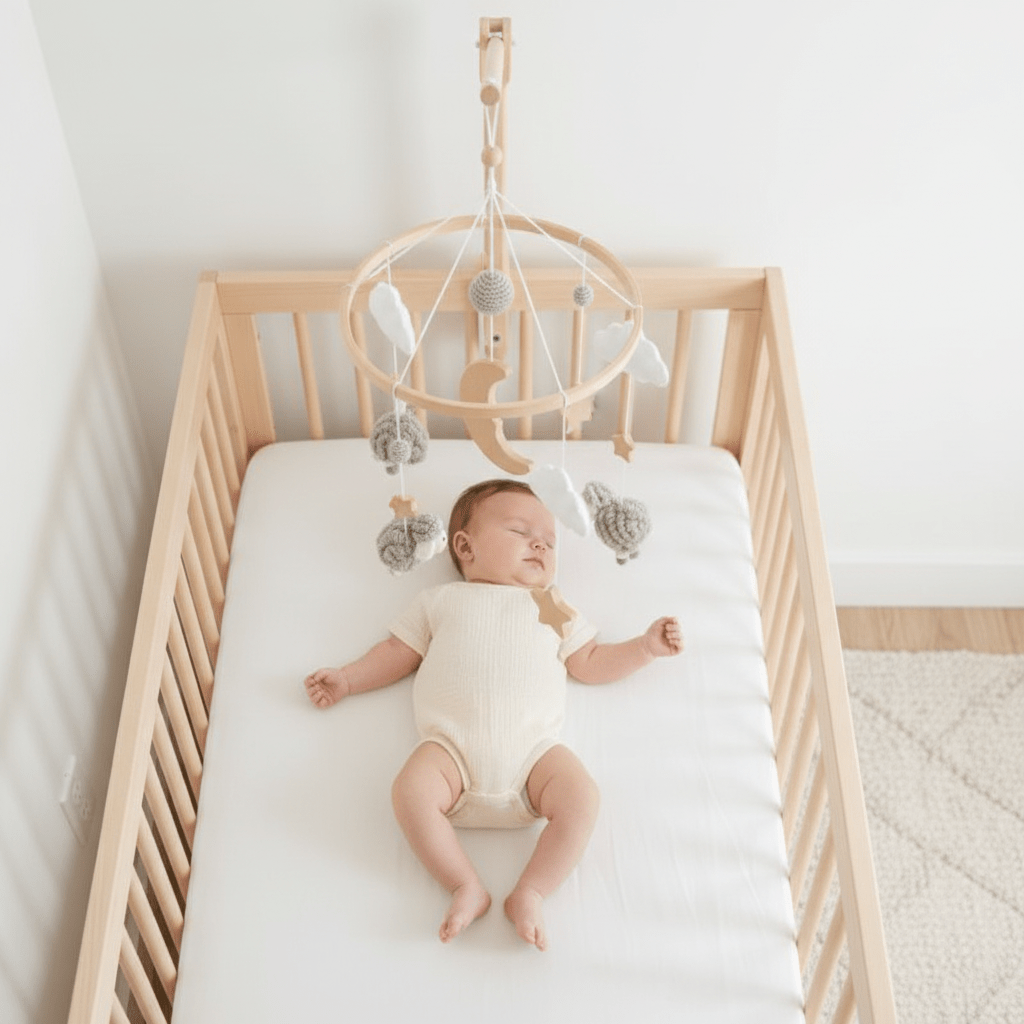 mobile en bois bebe avec une Vue dessus bébé endormi mobile
