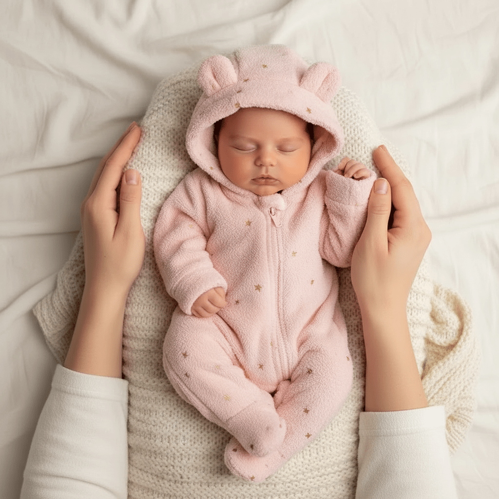 combinaison ourson en roses Vue dessus bébé endormie mains maman côtés