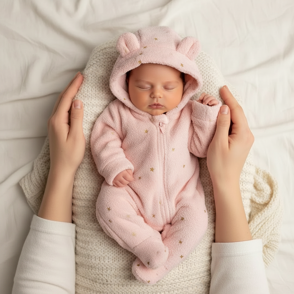 combinaison ourson en roses Vue dessus bébé endormie mains maman côtés