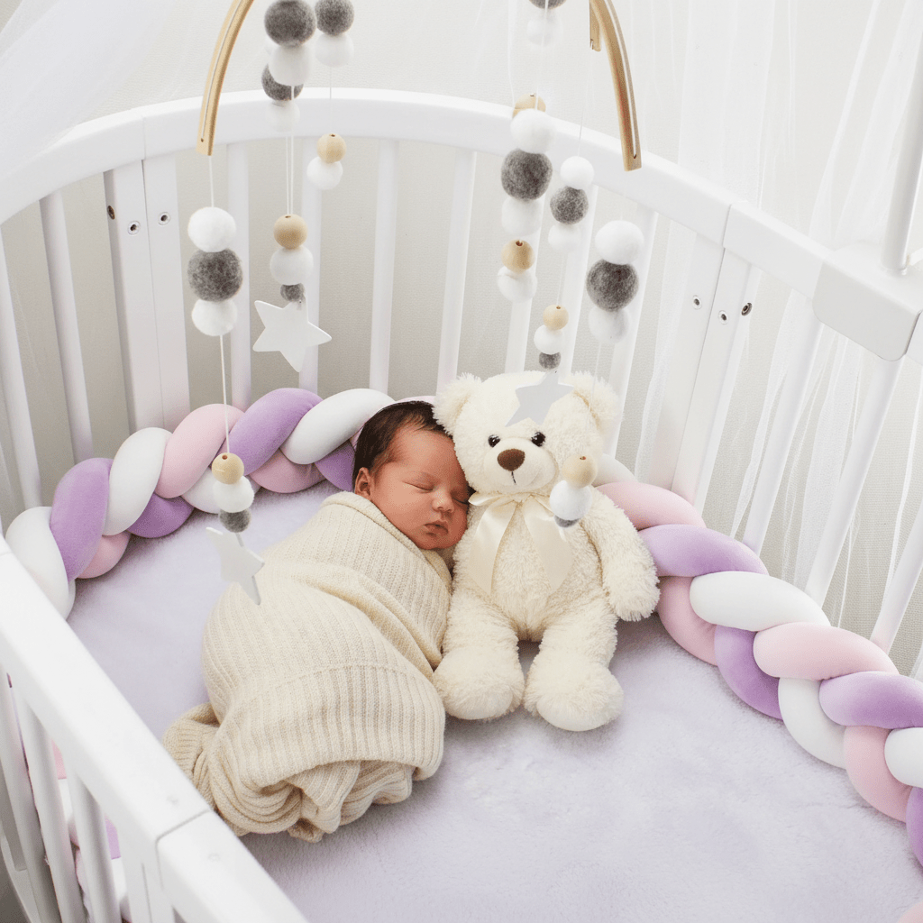 tresse de lit rose bebe sur le dos Vue dessus bébé nounours mobile lit rond lavande