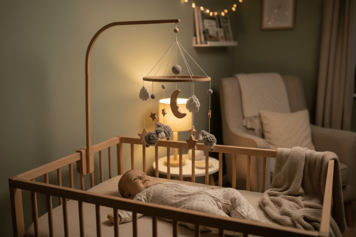 mobile en bois bebe avec une Vue large bébé endormi mobile soir