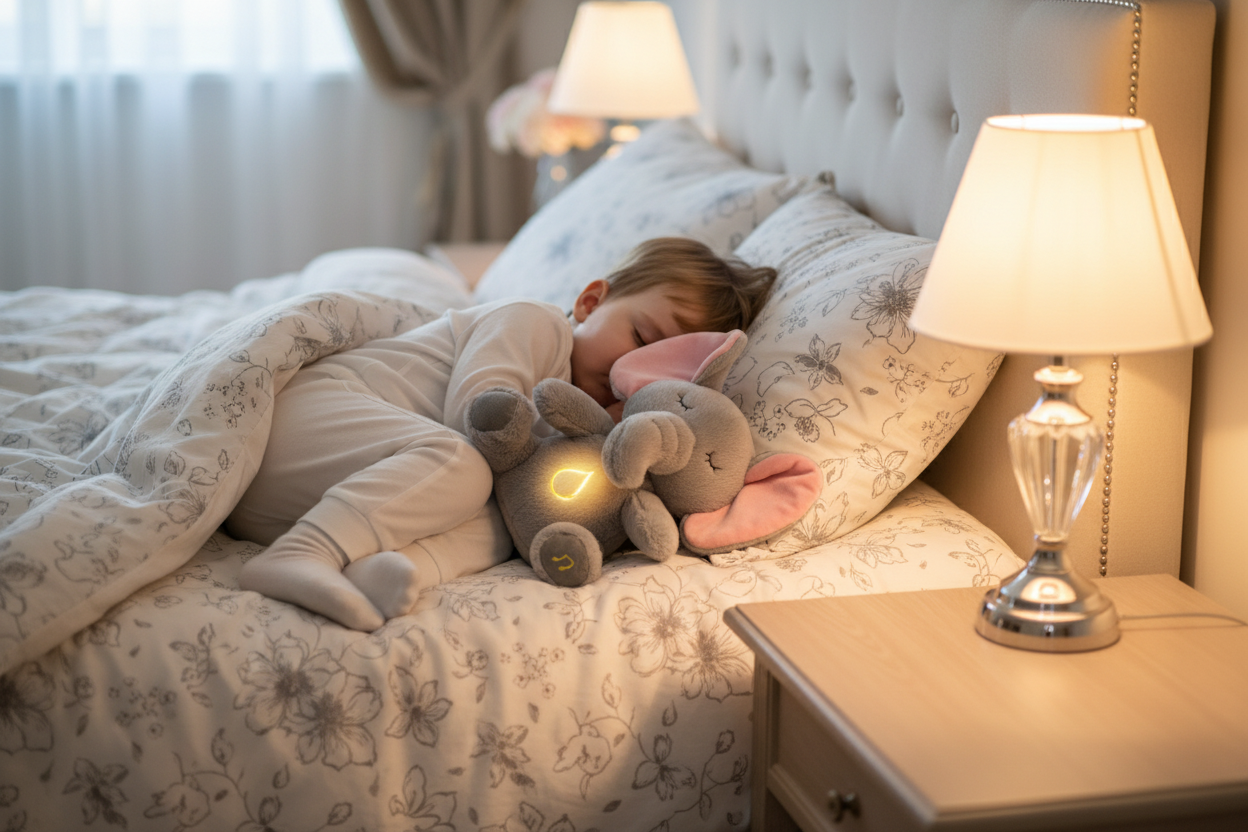 peluche bebe elephant oreille rose et ventre lumineux Vue large bébé endormi peluche éléphant dorée