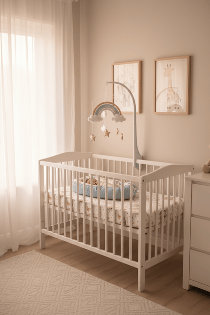 reducteur de lit pour bebe
Vue large chambre pastel bébé réducteur mobile arc-en-ciel