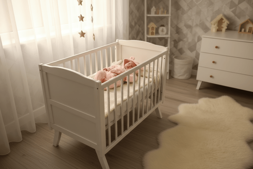 Vue large chambre scandinave bébé berceau lumière soir