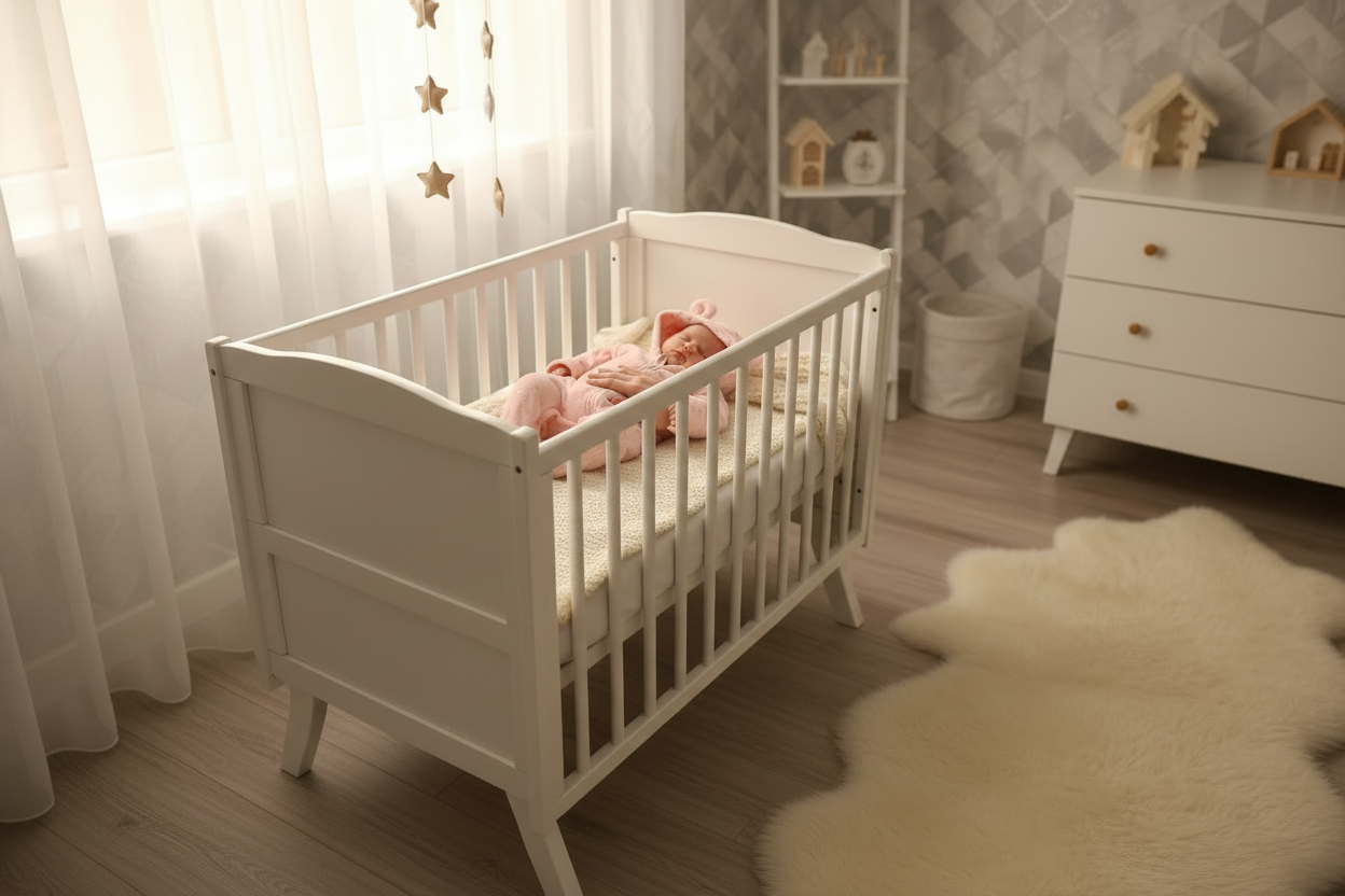 Vue large chambre scandinave bébé berceau lumière soir