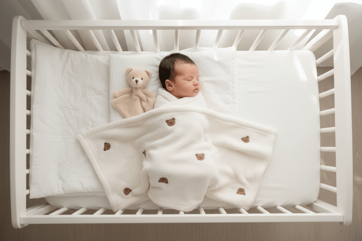 Vue top-down bébé couchette couverture ourson doudou