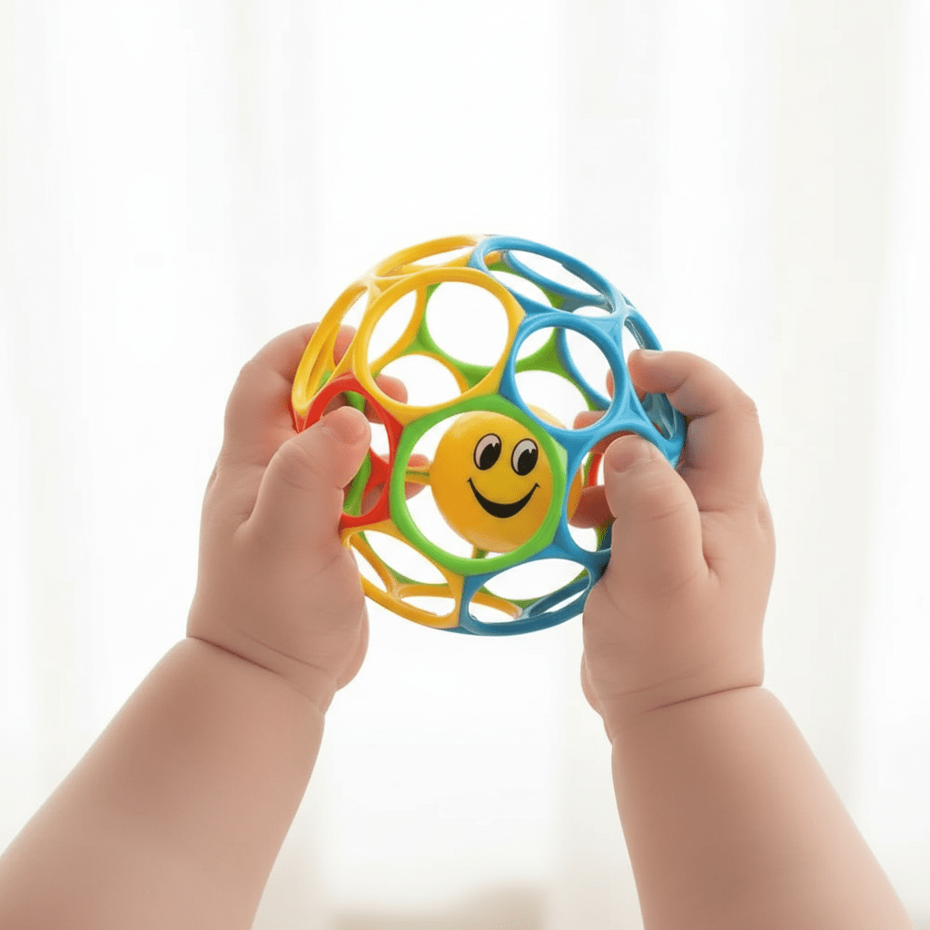 Zoom balle sensorielle mains bébé smiley jaune