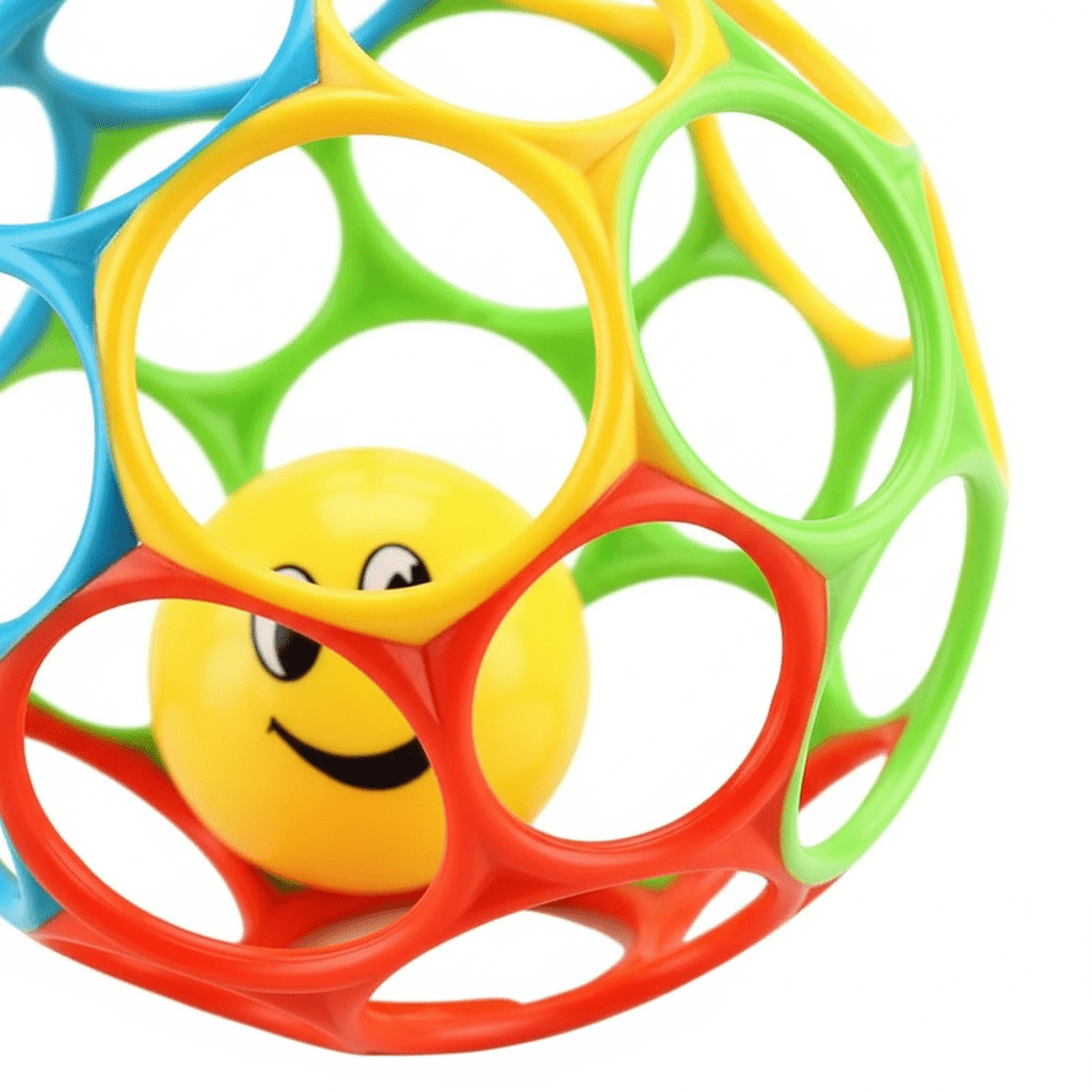 Balle sensorielle bebe Zoom balle sensorielle smiley jaune fond blanc macro