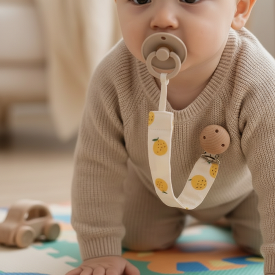 sucette clip Zoom clip citrons sur pull bébé