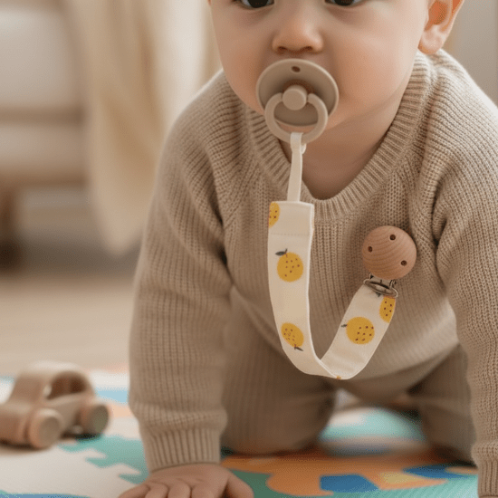sucette clip Zoom clip citrons sur pull bébé