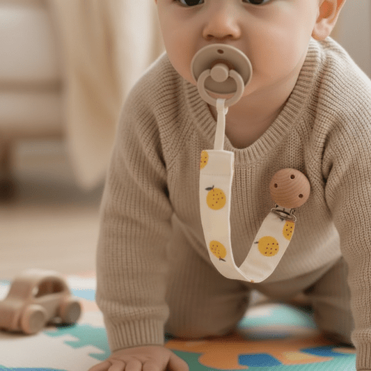 sucette clip Zoom clip citrons sur pull bébé